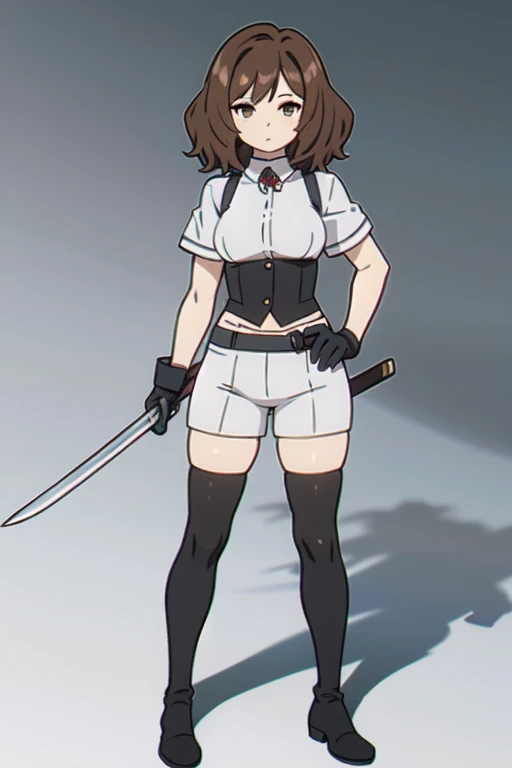 (((Best quality))),((Ultra-detailed)),((illustration)),((Disheveled hair)),((frilld)),(1 girl), 1girl,black gloves,black legwear,closed mouth,dagger,dual wielding,expressionless,full body,gloves,hair between eyes,holding,holding dagger,holding knife,holding sword,holding weapon,hood,knife,looking at viewer,midriff navel,reverse grip,shoes,short hair,shorts,solo,standing,suspenders,thighhighs,weapon, brown eyes,brown hair,rating:safe,