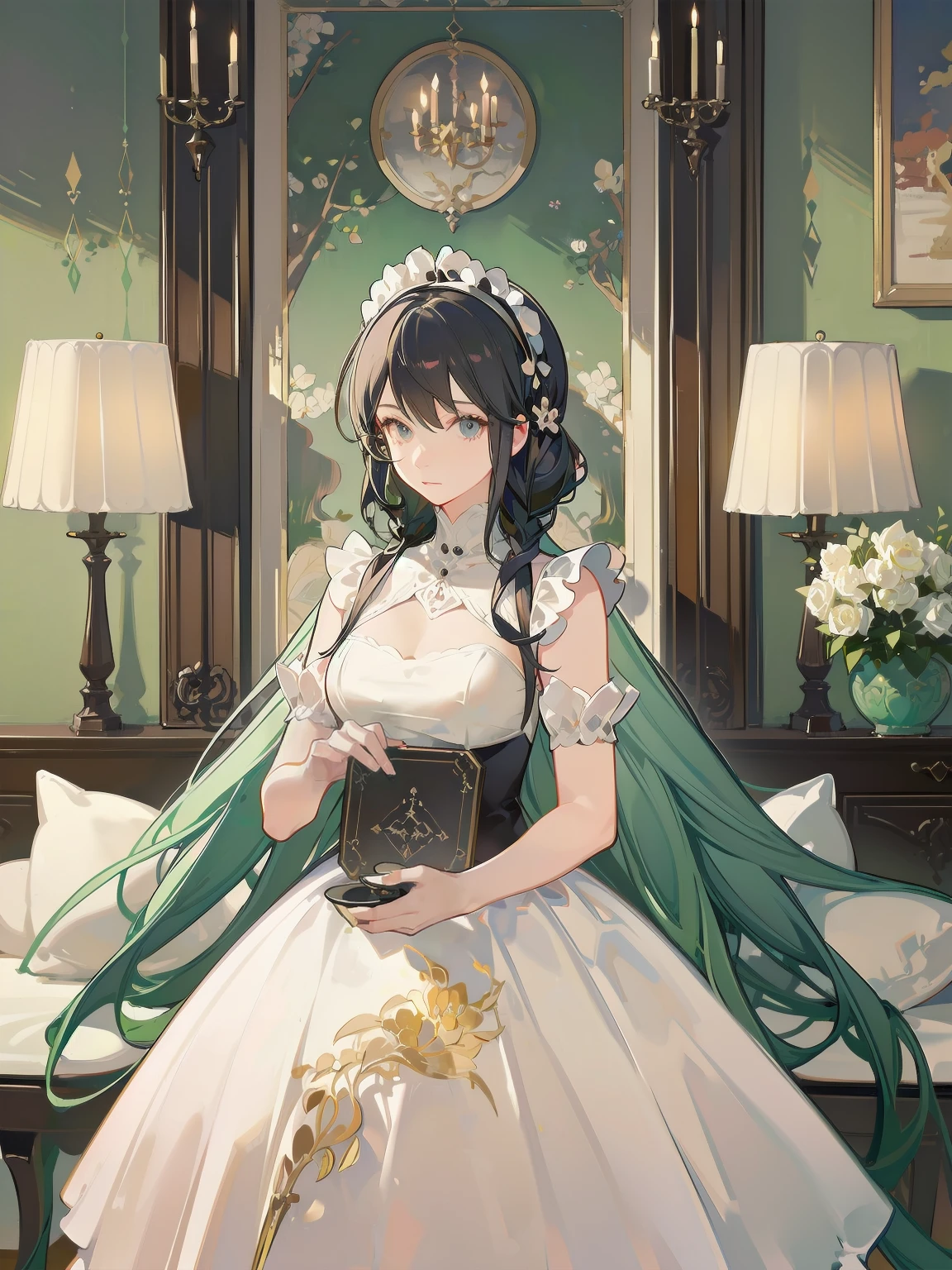 Illustration of a beautiful girl in a cute pose,(Masterpiece: 1.2), (Best quality: 1.2), A cute girl with long black hair, dressed in a classic black and white maid outfit with frilly lace and a matching headband, is standing in a beautifully decorated Victorian-style parlor. She is holding a silver tray with a teapot and teacup, her expression a mix of professionalism and warmth. The background includes ornate furniture, a chandelier, and large windows with heavy drapes, all bathed in soft afternoon light. This illustration emphasizes the elegant and welcoming atmosphere of a high-class tea service