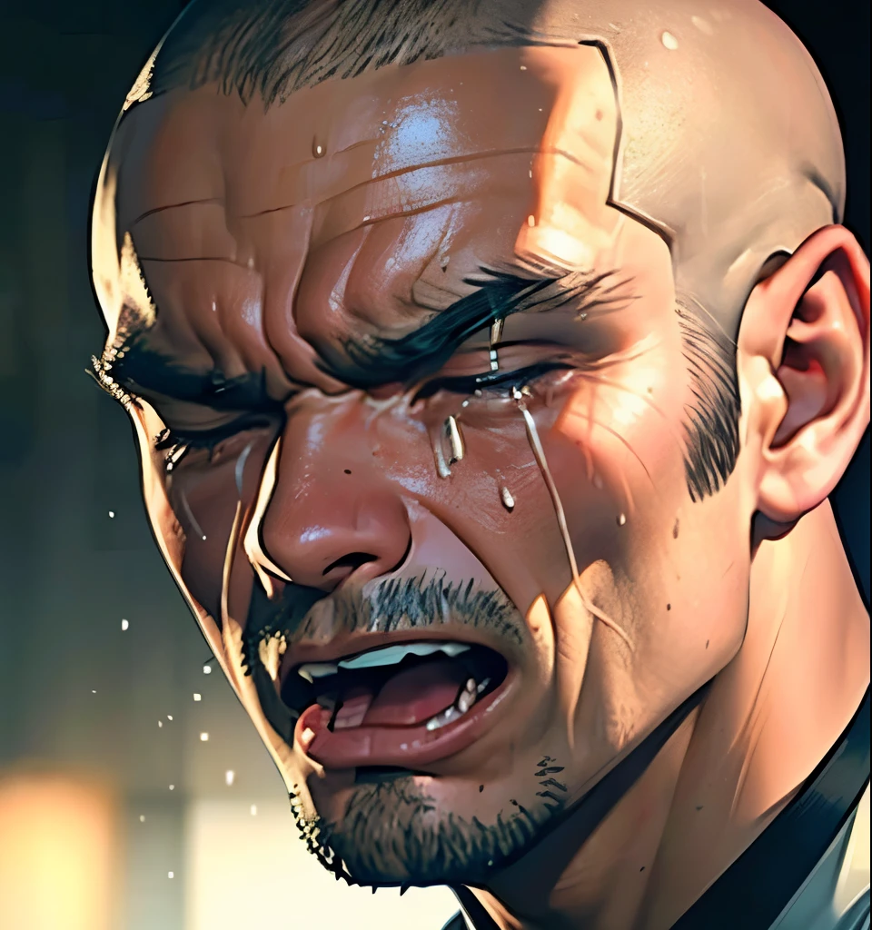 Masterpiece portrait, (older man crying:1.2), (shaved bald head:1.2), angry and sad, most realistic, most detailed, (mouth open:1.4), eyes closed, angry yelling, (angry:1.1)