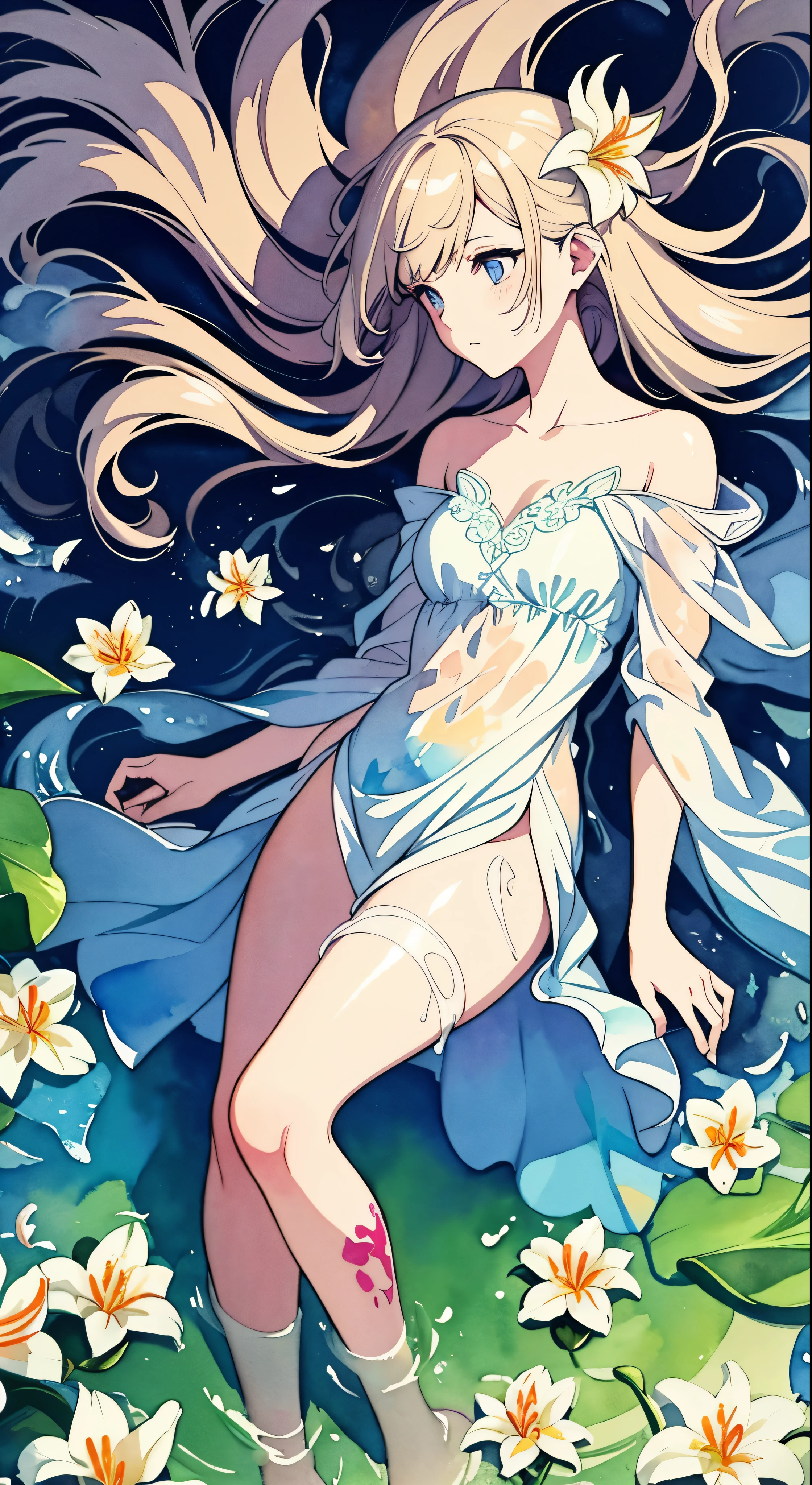 wtrcolor style, digital art of (lilies), official art, blown by the wind, masterpiece, beautiful, ((watercolor)), paint splatter, intricate details. Great detail, [dripping:0.5], trending on Artstation, Rachel Walker