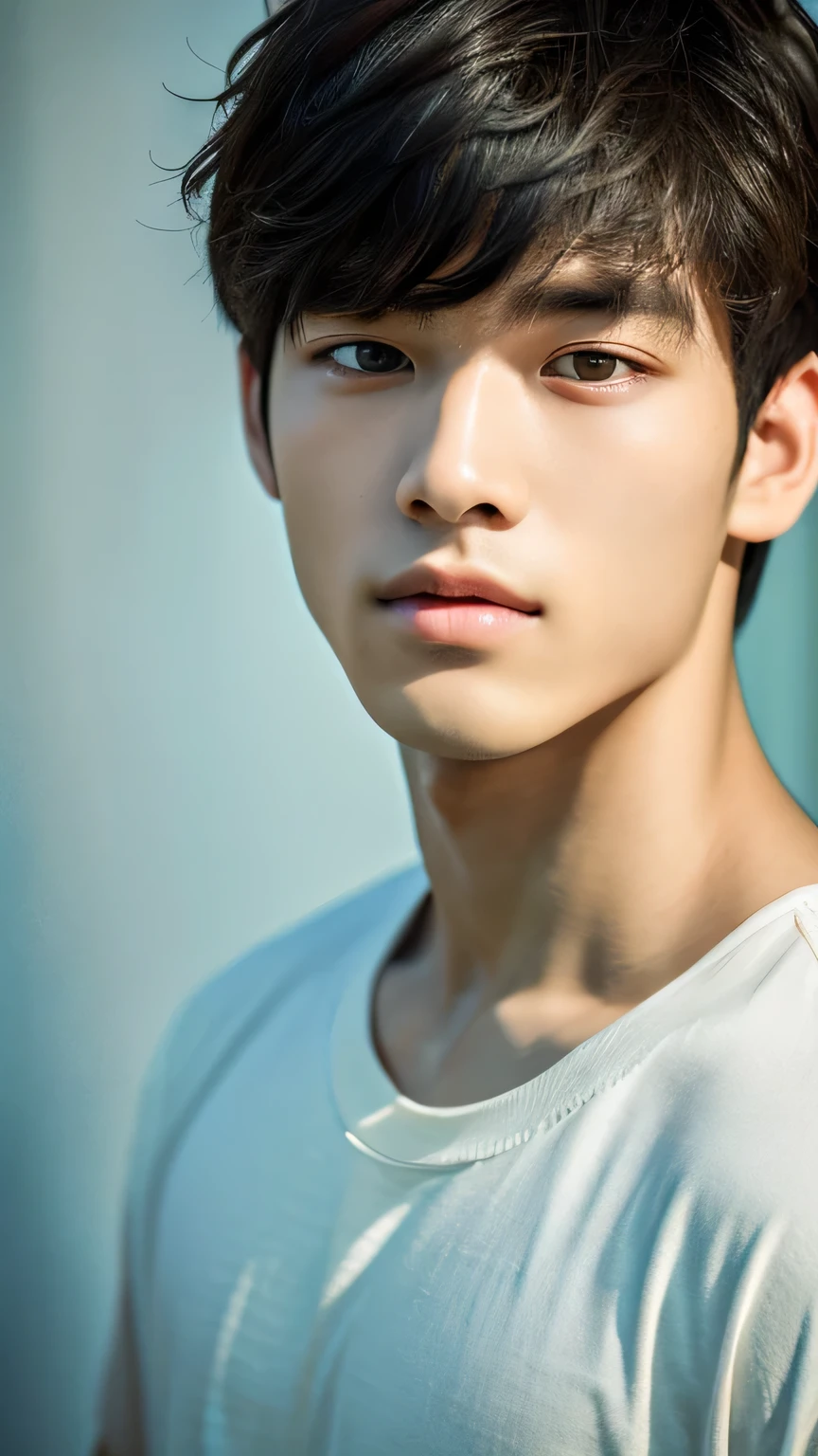 Highest quality, masterpiece, Ultra-high resolution, (Realistic: 1.4), Original photo, wallpaper, Head Photo, skin, Simple Background, Iris, detailed, Selfie, 1 boy, 18-year-old, good looking, Wind,bouquet