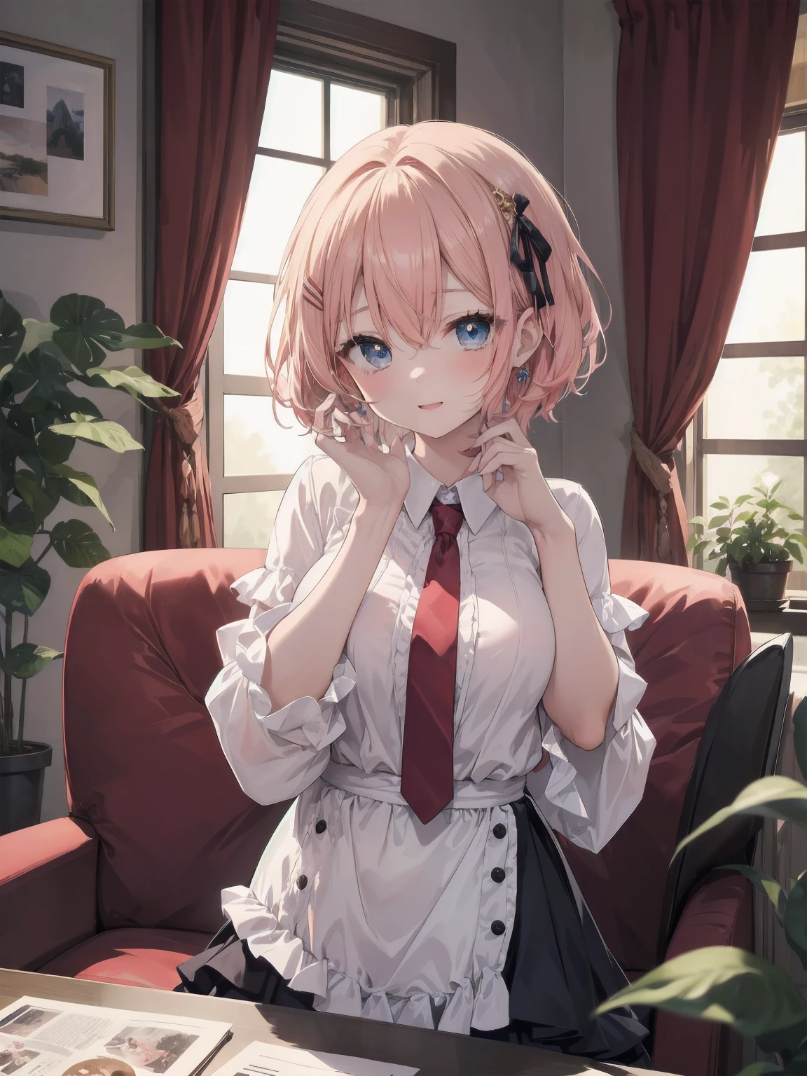 Scene Description: - Composition: Portrait. Focus on the face. Shot from the front. - Subject: Cute girl. (Chibi:1.1). Real person. - Features: - Face: (Cute round face:1.2). - Eyes: Detailed dark blue eyes. - Hair: One-leg bob-cut hair down the front with a large ribbon hairpiece, (golden hair), (red inner hair), auburn hair, hair between the eyes. - Body: Detailed slender body. Large breasts. - Clothing: Pink ruffled blouse, flares, blue ribbon tie, long ruffled sleeves, layered skirt. - Expression: happy expression. Mouth open. - Pose: head tilted back. She is looking at the viewer. - Background: living room of a trendy café. - Elements: Houseplants. Cute pastel sofa. Cute pastel curtains. Cute pastel-colored wallpaper. Time: Daytime. Lighting: (Natural light: 1.4). Art Style: Watercolor. Traditional media. Quality: Intricate details. Highly detailed. Outstanding complexity. (Masterpiece: 1.2). (Highest quality: 1.2). (Absurd absolute resolution: 1.4). Mood: Calm,