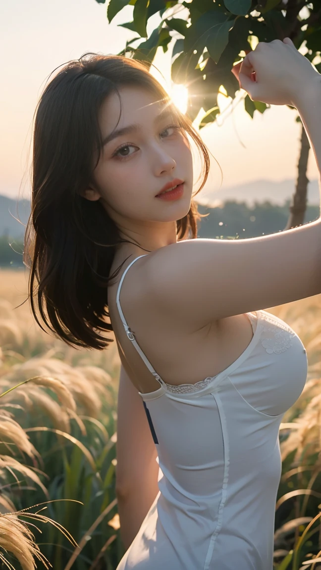 no, Ray tracing, Radio City, Anisotropic filtration, 16,000, best quality, 1 woman, alone, mature, beautiful young woman, ((camisole)) , Gradient long hair, (((grass field)))、laugh、sunset、((big breasts)) 、, realistic lighting, backlighting, light on face, ray trace, Sunset light filters through light particles, lens flare, Fine dust reflected in light