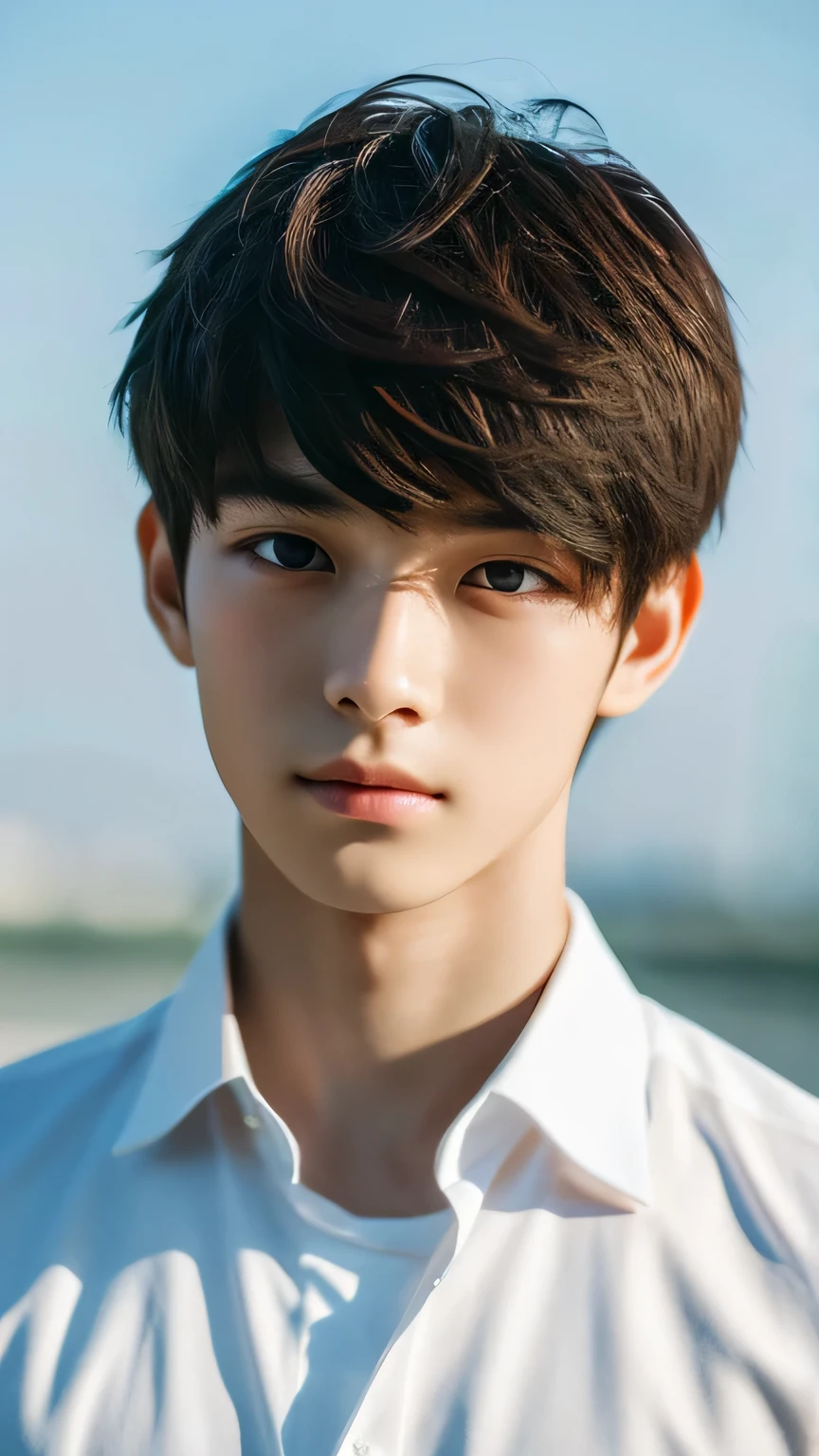 Highest quality, masterpiece, Ultra-high resolution, (Realistic: 1.4), Original photo, wallpaper, Head Photo, skin, Simple Background, Iris, detailed, Selfie, 1 boy, 18-year-old, good looking, Wind,bouquet