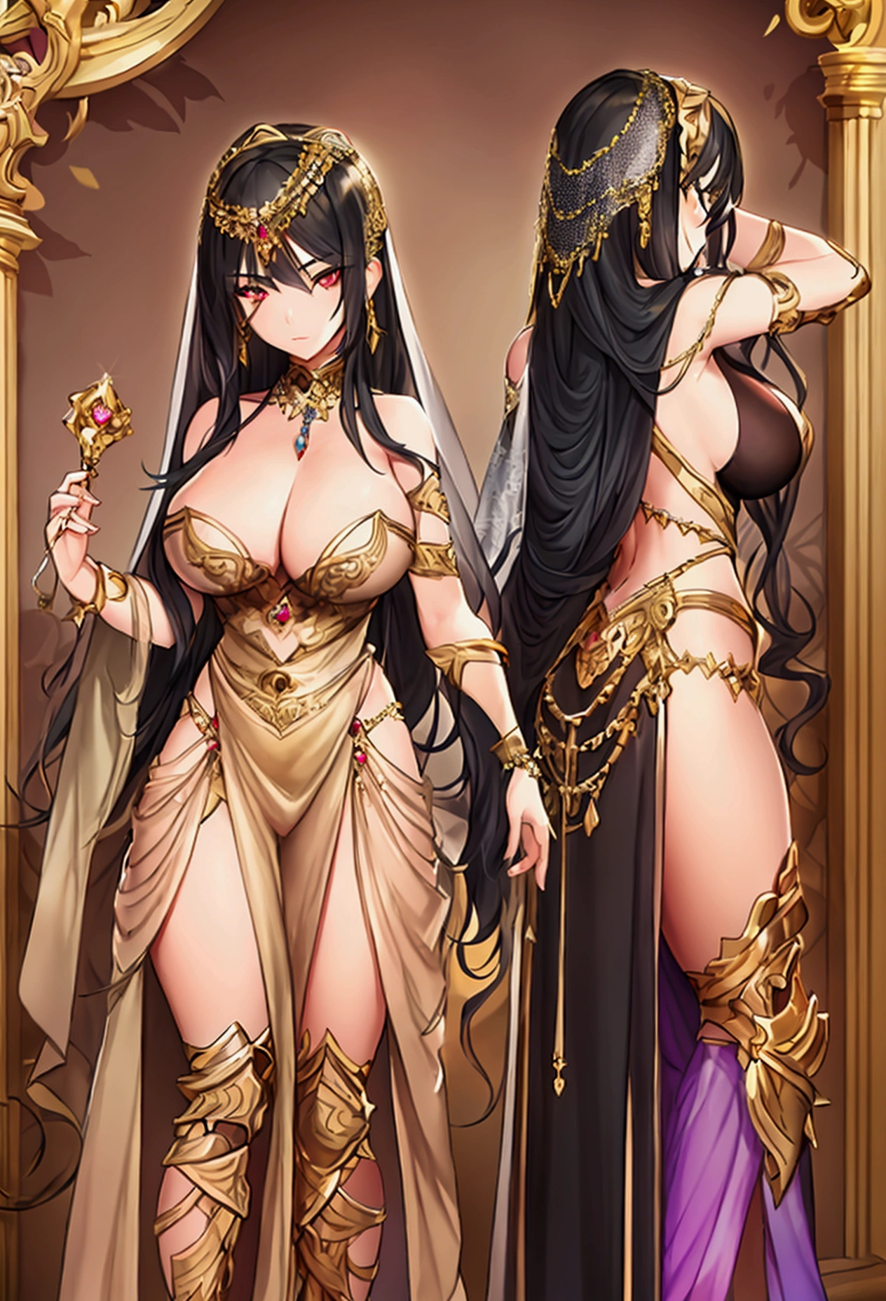 (Masterpiece, best quality), detailed, 1girl, ((character concept art)), ((character design sheet, same character, front, side, back)), many items, (Layla has long, black hair with golden streaks, and her eyes are a mesmerizing gold. She wears a dancer’s outfit adorned with jewels and intricate patterns, along with a veil that she can use to blend into the desert sands. She is skilled with a pair of elegant daggers. full of details.