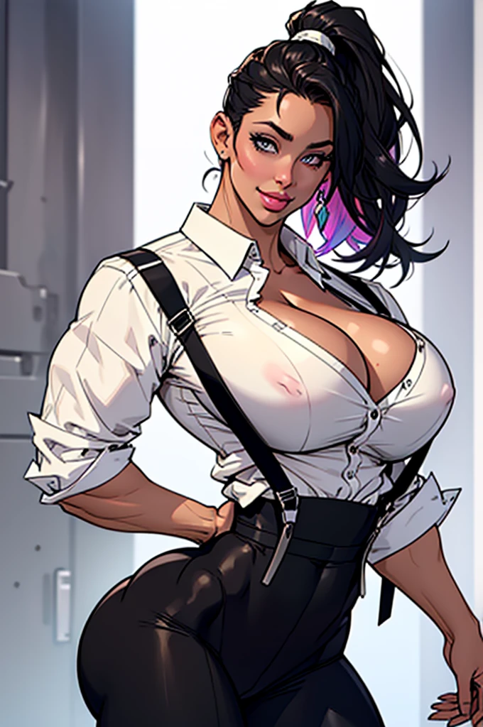 1girl, Latina woman ((white shirt, black tie, suspenders, massive breasts: 1,4, colossal cleavage: 2.0, exposed breasts)), luminous skin, exquisite face, round face, steady look, ponytail multicolored hair, slender waist, wide hips, glowing mouth, thick-thighs, muscular arms, grinning, bulging woman, symmetrical eyes, detailed hands, detailed eyes, attractive body, Beautiful and symmetrical body, perfect body, curvy body. striking a delicate pose