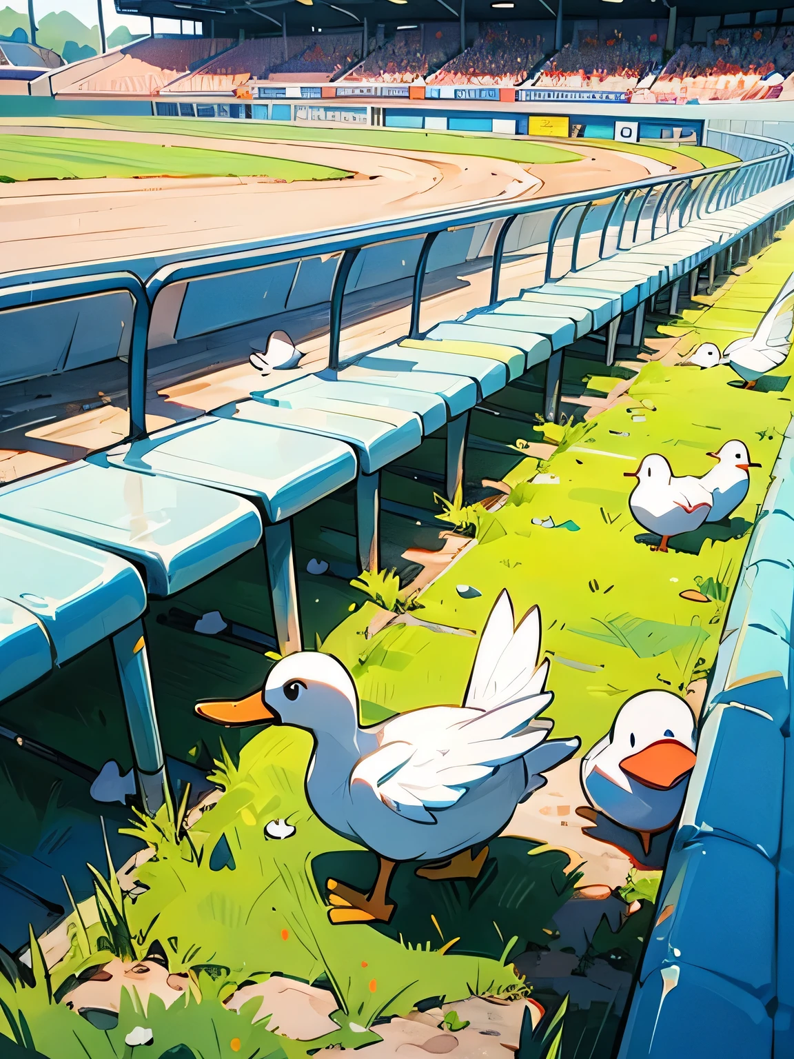 white duck(bird),baseball stadium,no humans,
