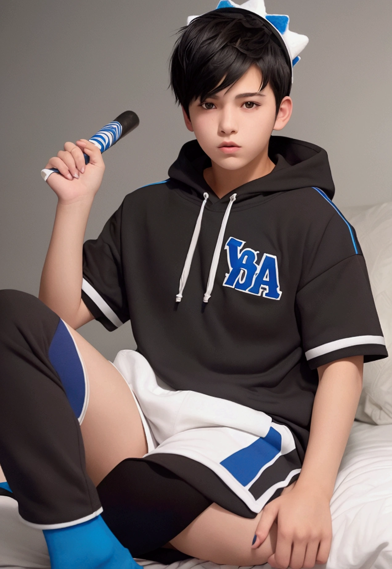 a teen boy with spiky short black hair. He is wearing a blue onesie, with details like a hood with animal ears and paw print patterns. He wears white socks. throwing a baseball, night bedroom background with a baseball cap and a baseball bat.