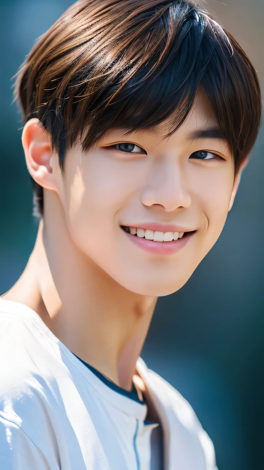 Highest quality, masterpiece, Ultra-high resolution, (Realistic: 1.4), Original photo, wallpaper, Head Photo, skin, Simple Background, Iris, detailed, Selfie, 1 boy, 18-year-old, good looking, Wind,,smile