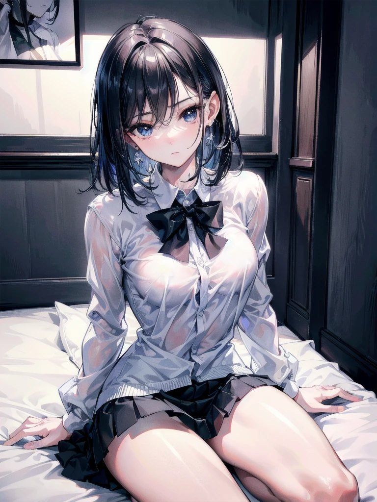 absurdres, RAW photo, extremely delicate and beautiful, masterpiece, Best Quality, ultra high resolution, 32k, hyperrealistic, ultra-detailed, perfect anatomy, super Detailed skin, perfect figure, Super Beauty, Perfect Style, Perfect balance, Beautiful Lighting, Perfect Lightning, Realistic Shadows, 20 years old, very Slim body, narrow waist, very small head, very small face, delicate facial features, handsome detailed woman, very detailed eyes and face, realistic face proportions, Realistic beautiful face, Realistic beautiful eyes, tearful mole, earring, very huge round breasts, medium hair, asymmetrical hair, full body shot, indoor, short skirt, school_uniform,