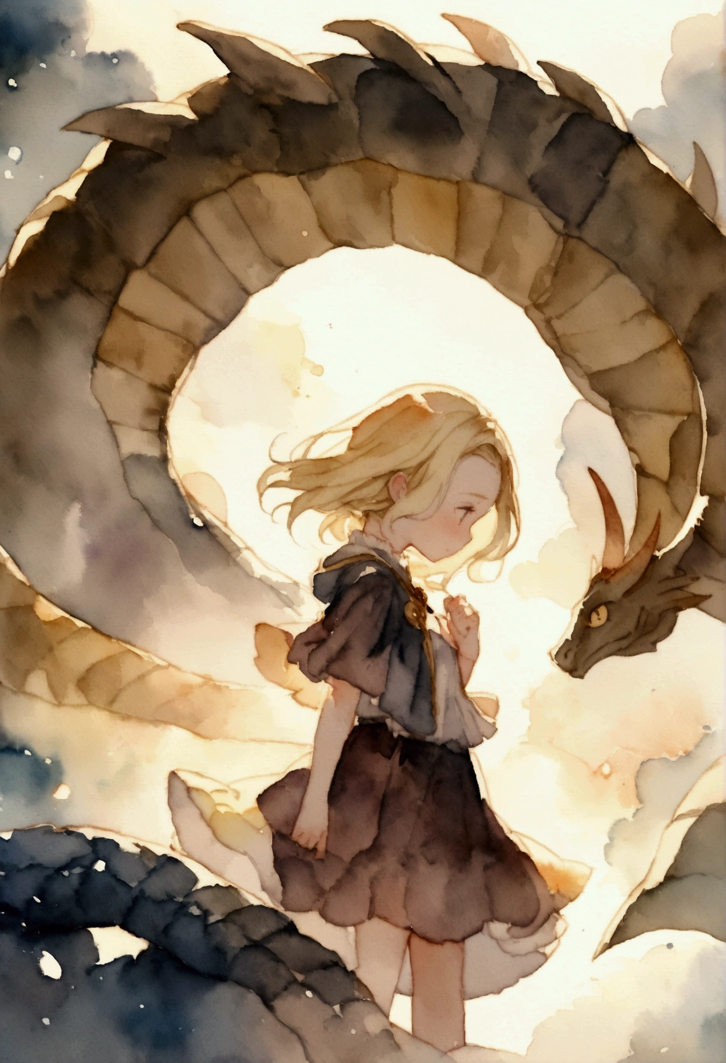 A blonde princess taps her forehead against a dragon&#39;s nose　Dark fantasy　Picture books　watercolor