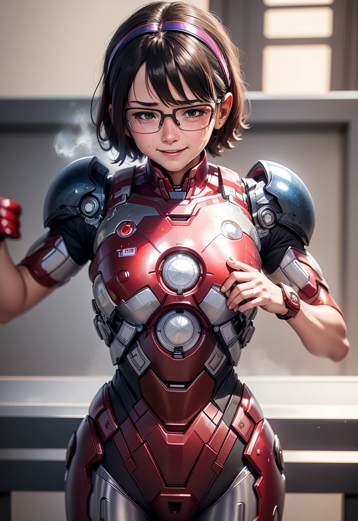 Highest quality　8k Iron Man Suit Girl　Elementary school girl　Sweaty face　Cute Smile　short hair　boyish　Steam coming from the head　My hair is wet with sweat　Black Hair　Glasses