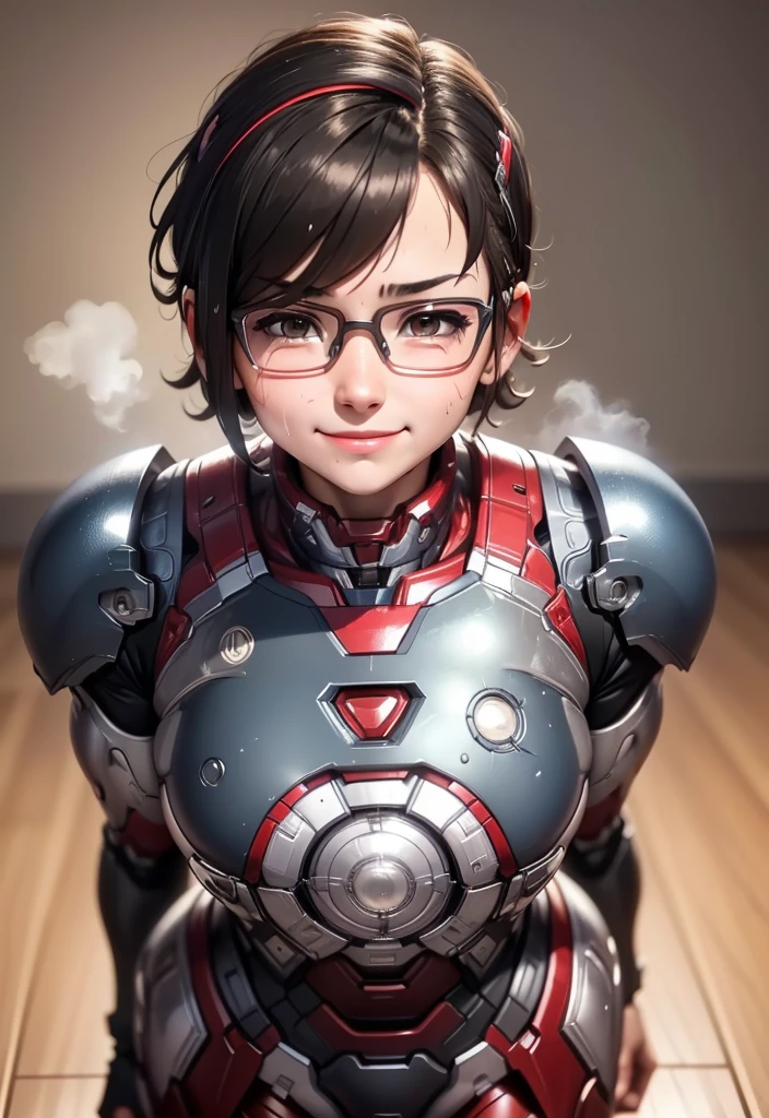 Highest quality 8k Iron Man Suit Girl Elementary school girl Sweaty face Cute Smile short hair boyish Steam coming from the head My hair is wet with sweat Black Hair Glasses