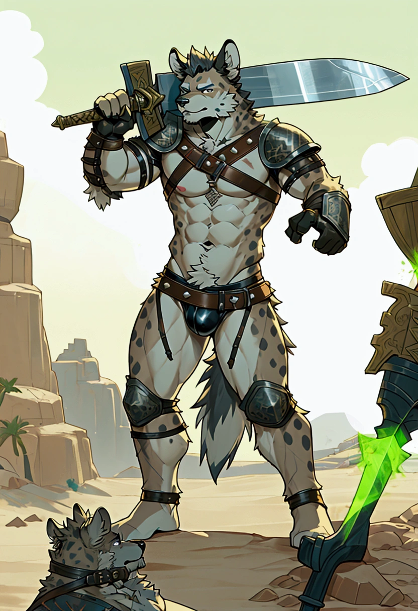 Solo Sexy young anthro furry hyena male mercenary medieval solider, slim endomorph muscular, anthro handsome gay shorter muzzle, handsome gay model male apperance, sword scars, worn out leather skimpy armament, low on hips heavy leather belt, old very worn out skimpy dirty linen material jockstrap, old yellow dirty worn out stains on white sawn jockstrap, very visible "x" brown seam pattern on the jockstrap, studded skimpy armlets breastplate armor, skimpy breastplate, leather bondages, fingerless leather gloves, smelly unwashed furr, dirty body look, desert battlefield, standing in sexy fighting position, close view of full character