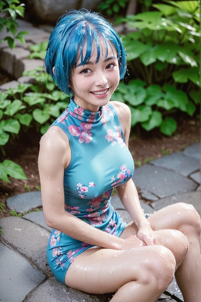 (best quality,4k,8k,highres,masterpiece:1.2),(ultra-detailed,realistic:1.37),(-old beautifull small-sized asian girl smiling and sitting in sexy poin a japanese garden,combing her hair, wearing a tight short floral print high-neck dress, ((big breastes)), very thin waist, slim legs, small knees, three quarter view),((((small skinny body tight in short floral print high-neck dress with pokies))), (((very slim and skinny body with huge perky breasts with pokies),haircut, light electric blue hair color, red cheeks),((wet skin)),(soft shadows),((smiling))).