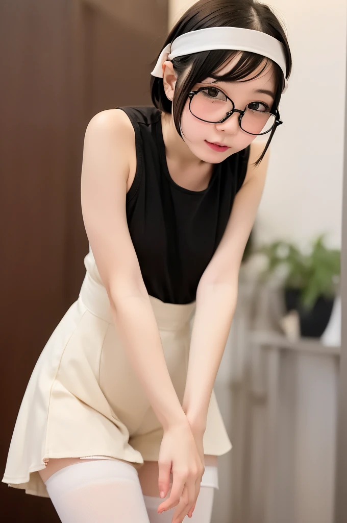 (masterpiece, Highest quality, It captures a very cute moment, Depth of written boundary, Super detailed, Ultra-high resolution, C4D, Octadale, 3D Modeling,Realistic human photos、 8k, 16K, One Girl,, 、Small breasts,Black Hair,short hair,Straight Hair,Light brown eyes,White headband,Wearing black glasses,Cute Face), Bloomers, Black tank top, zettai ryouiki, Wet clothes,Classroom Nights,Moonlight, Good elevator, Take off、Real-life skin、Not an anime、Realistic、