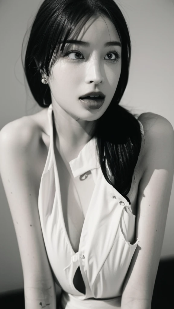 (best quality,ultra-detailed,realistic),(monochrome portrait),((face close-up)),(black and white:1.7),white background,completely naked,perfect nude,undressed,gleaming face,shiny skin,oiled skin