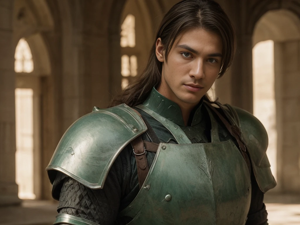 Handsome brunette man with green eyes super hero with armor