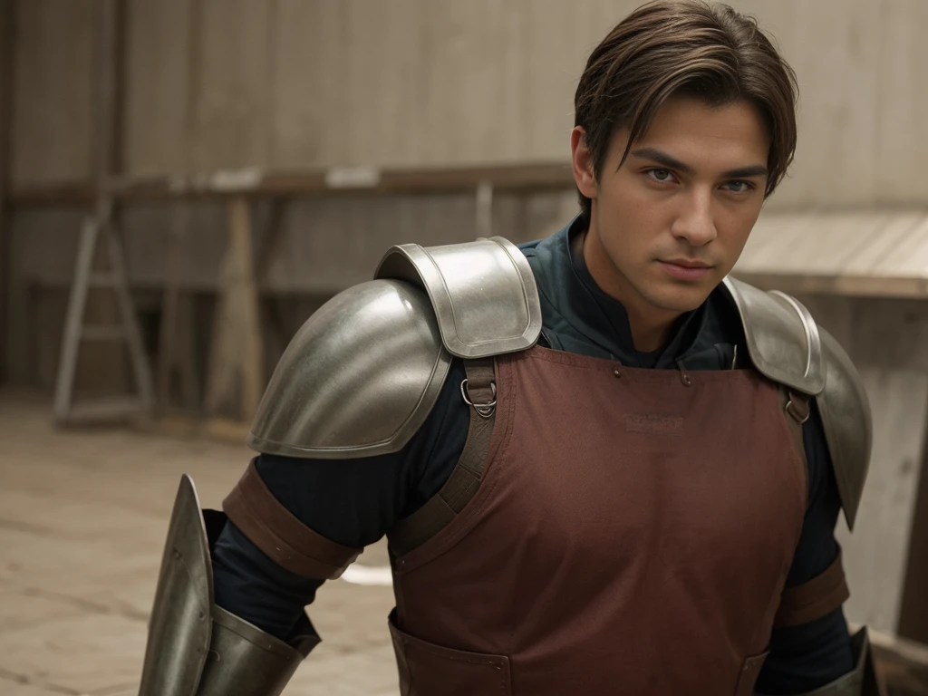 Handsome brunette man with green eyes super hero with armor