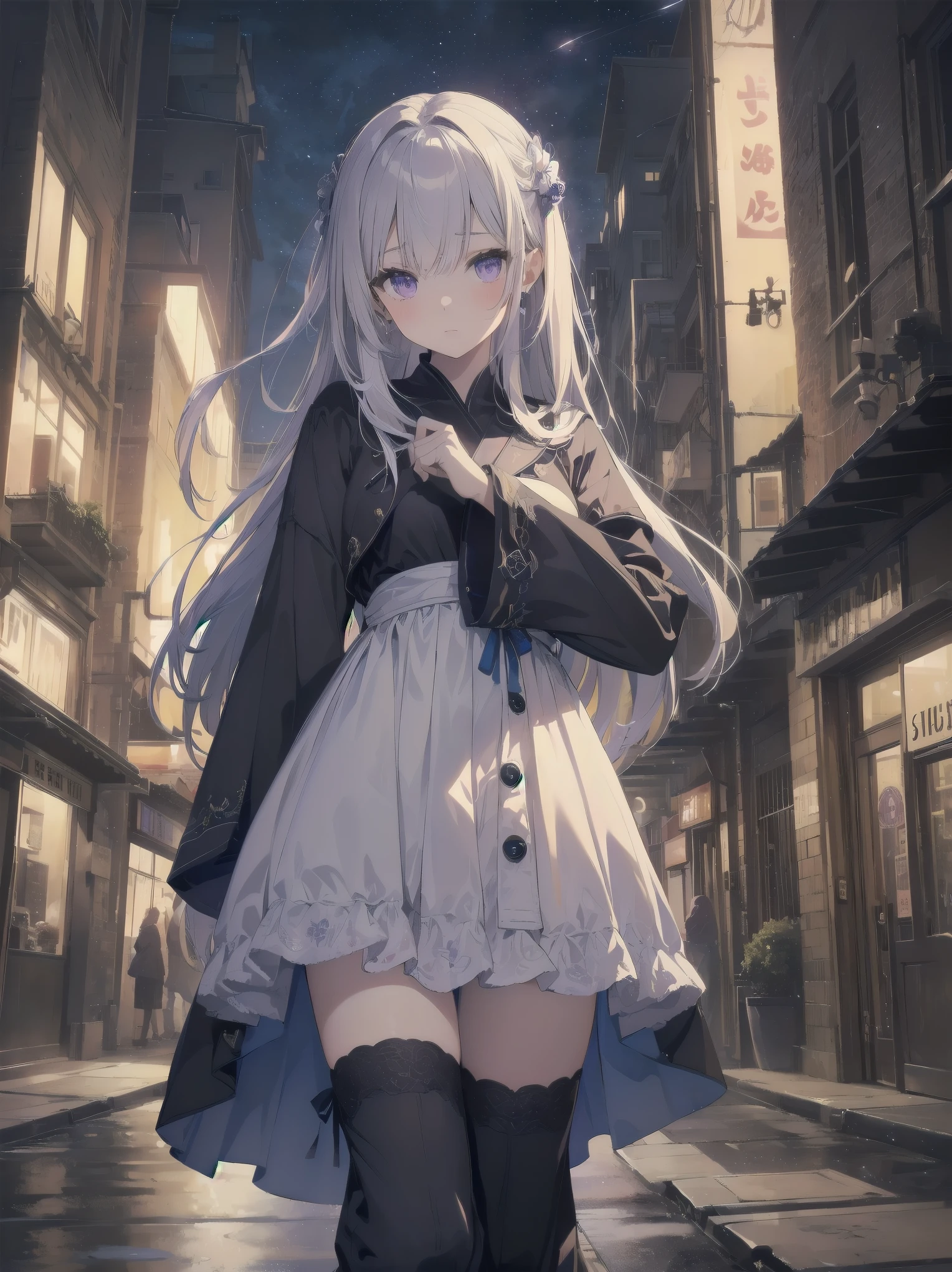 masterpiece, 8k, Highest quality, Very detailed, Purple & A beautiful girl in a blue magical robe with a moon motif、Close-up on the characters、(building, city、A dense fog of fluorescent particles、１８００Era、Western style、Fiction、grow、Overwhelming、Detailed street）、A beautiful girl with a beautiful background and a super cute pose
