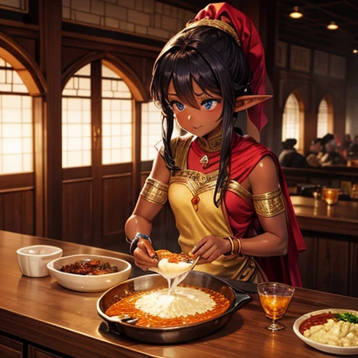 A dark-skinned elf making curry at a fantasy curry restaurant