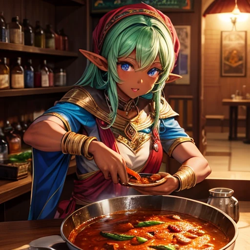 A dark-skinned elf making curry at a fantasy curry restaurant