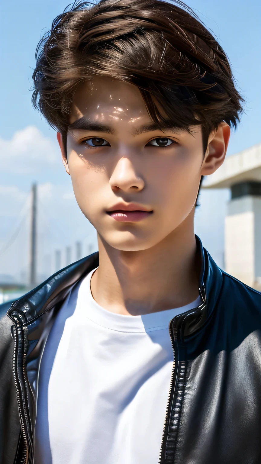Highest quality, masterpiece, Ultra-high resolution, (Realistic: 1.4), Original photo, wallpaper, Head Photo, skin, Simple Background, Iris, detailed, Selfie, 1 boy, 18-year-old, good looking, Wind,Riders jacket