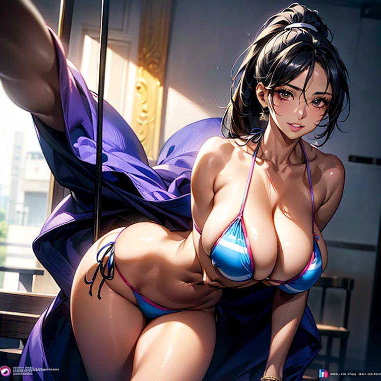 (extreme wide shot:1.3),(Artwork: 1.2), (best quality, Official Artwork, Masterpiece, 8k, HD, Ultra-Detailed), thai woman, mature, tall (2.11), a beautiful 40 year old woman, dark skin, (((super highponytail))), ultra realistic eye, ultra-detailed eye, eyes well proportioned to your face, extremely detailed eye, perfect eye, extremely realistic eye, well-lined eye, long eyelashes,black hair, Anime style, perfect face, face that looks about 40 years old, full lips, smiling, mature, Dark skin, natural body, sexy body, slim body, (ideal body proportion), perfect hands, detailed hands, fine hands proportioned to the body, realistic hands, arms with good anatomy, (((v string bikini))) ,huge and large breasts , ((woman with dark skin and full lips)), Looking at the viewer, configuration of background, (((circus))),ultra-detailed,