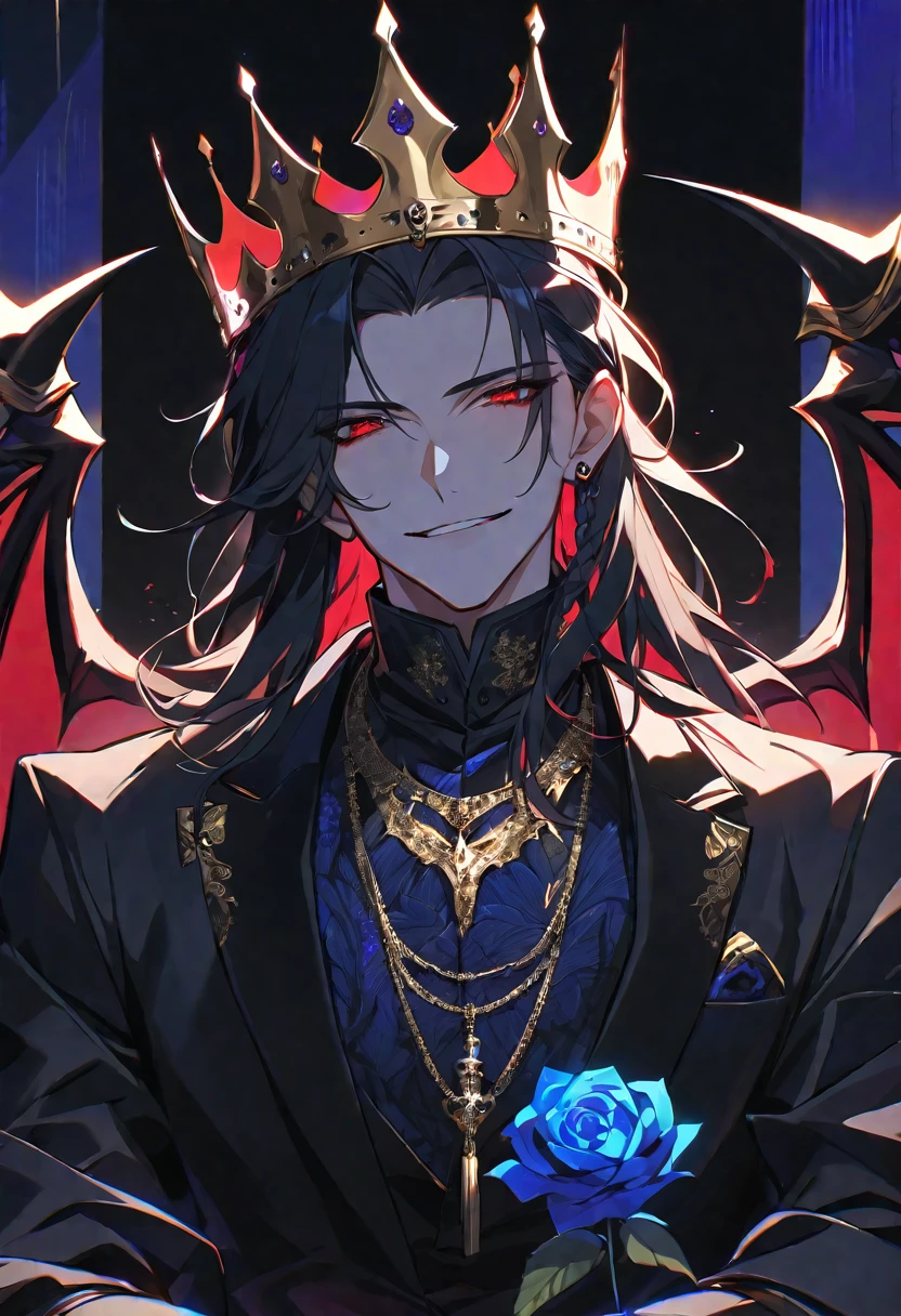 alone,good looking, 
1. male,
bangs,Straight hair,Bob Hair,
Black Hair, 
Satoru Gojo ,noble,
Red eyes,A fearless smile is beautiful,Sexy,darkness,Gold Necklace,
Black suit ,King,crown,Slender,Blue Rose Tattoo,
Black Background ,High resolution, sit,Darkness,devil,Black light,iconSolo, Close-up windy hair, Side braids, 