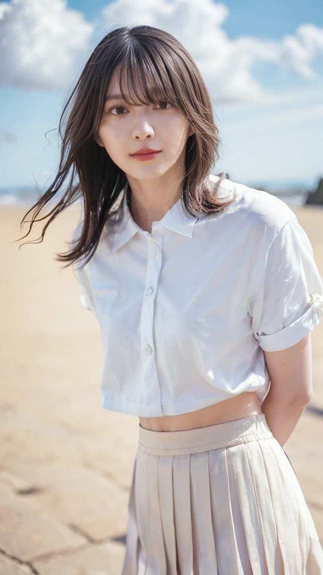 One Girl、Beautiful and detailed eyes and face、barefoot、Cute 16 year old Japanese girl, ((Extremely precise and accurate anatomy:1.0)), (photo Realistic:1.4), (hyper Realistic:1.4), (最高品質のRealisticな肌の質感:1.4), (Improvement of quality:1.4), (Enhances the beauty of skin texture:1.1), Clean and glowing skin, mesh, thin:1.2, (Realistic:1.3), Realisticなライティング, (Smoother lighting:1.05), (Improving the quality of cinema lighting:0.9), Backlight, A gentle light on your face, Ray Tracing, (Bright light:1.2), 32K, One Japanese woman, fine grain, Detailed face, (Film Grain:1.1),(Accentuates body lines:1.1), High resolution, Natural look, Kind eyes, Improves hair quality, Delicate light and shadow, Transparent muscles, Graceful pose, Beautiful Eyes, Sharp details, Soft light reflection, Beautiful contours, Delicate skin tone, Fine hair texture, Natural background, (((sunny day、School zone、A strong wind is blowing、Her hair and skirt are flying、 Open shirt、Pleated skirt、stroll:1.25、Light of the sun、Clear skies、stage、Blue sky and white clouds、The joys of youth)))、