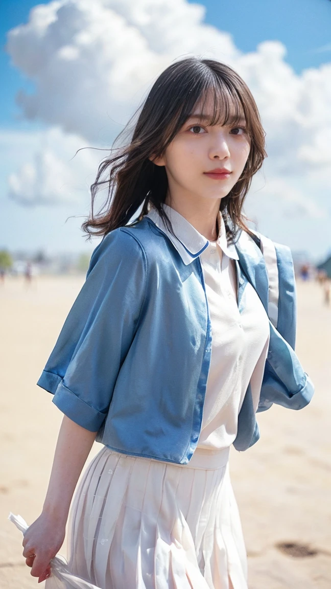 One Girl、Beautiful and detailed eyes and face、barefoot、e 16 panese girl, ((Extremely precise and accurate anatomy:1.0)), (photo Realistic:1.4), (hyper Realistic:1.4), (最高品質のRealisticな肌の質感:1.4), (Improvement of quality:1.4), (Enhances the beauty of skin texture:1.1), Clean and glowing skin, mesh, thin:1.2, (Realistic:1.3), Realisticなライティング, (Smoother lighting:1.05), (Improving the quality of cinema lighting:0.9), Backlight, A gentle light on your face, Ray Tracing, (Bright light:1.2), 32K, One Japanese woman, fine grain, Detailed face, (Film Grain:1.1),(Accentuates body lines:1.1), High resolution, Natural look, Kind eyes, Improves hair quality, Delicate light and shadow, Transparent muscles, Graceful pose, Beautiful Eyes, Sharp details, Soft light reflection, Beautiful contours, Delicate skin tone, Fine hair texture, Natural background, (((sunny day、School zone、A strong wind is blowing、Her hair and skirt are flying、 Open shirt、Pleated skirt、stroll:1.25、Light of the sun、Clear skies、stage、Blue sky and white clouds、The joys of youth)))、
