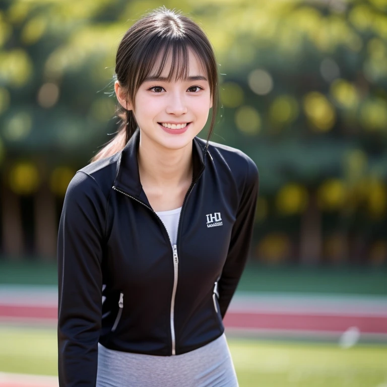 (kawaii 18 year-old Japanese girl, Nogizaka idol, Korean idol, track and field player), healthy female athlete body, (glossy black hair, high ponytail, bangs:1.2), beautiful black eyes, rounded face, single eyelid, (no makeup:1.2), (big laughing), (light pink track jacket, grey sports leggins:1.2), extra small , BREAK, (park background, turf, summer, sunny daytime:1.2), (dynamic angle, bust shot:1.2), BREAK, (masterpiece, best quality, photo realistic, official art:1.4), (UHD, 8K quality wallpaper, high resolution, raw photo, golden ratio:1.3), (shiny skin), professional lighting, physically based rendering, award winning, (highly detailed skin texture, extremely detailed face and eyes textures), Carl Zeiss 300 mm F/2.8, depth of field, (1girl, solo),