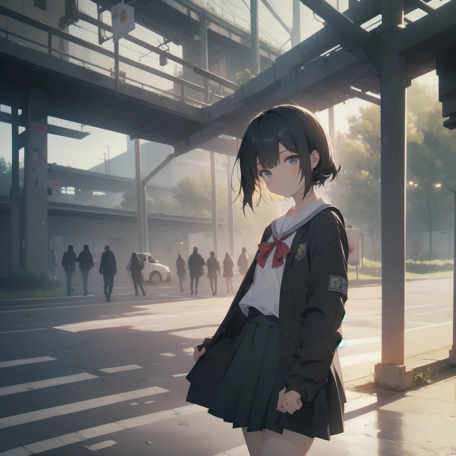 ultra-absurdres-Top quality by artist God, ultra-detailed, high resolution, anime moe artstyle, best anime 8k konachan wallpaper, pixiv contest winner, pool:2810, perfect anatomy,break, 1girl, (Please draw a girl walking sleepily to school alone. )break,(Solo,little female, 13-year-old:1.3),Full limbs, complete fingers,a junior high school student, (very short hair), short cut, flat chest, , small butt, small black eyes, beautiful detailed eyes, well-proportioned iris and pupils, expressive eyes, highres detailed hair, soft expression, salor school_uniform, sailor collar, serahuku, bow, pleated skirt,(Detailed Lighting), (Detailed background), in the School commute route. break,super detailed skin, Best cinematic lighting powered by famous artist, 8k,beauty illustration,photoshop_(medium),very aesthetic,break,((artist:kotorai )), artist:clamp ,artist:carnelian ,artist:kantoku ,