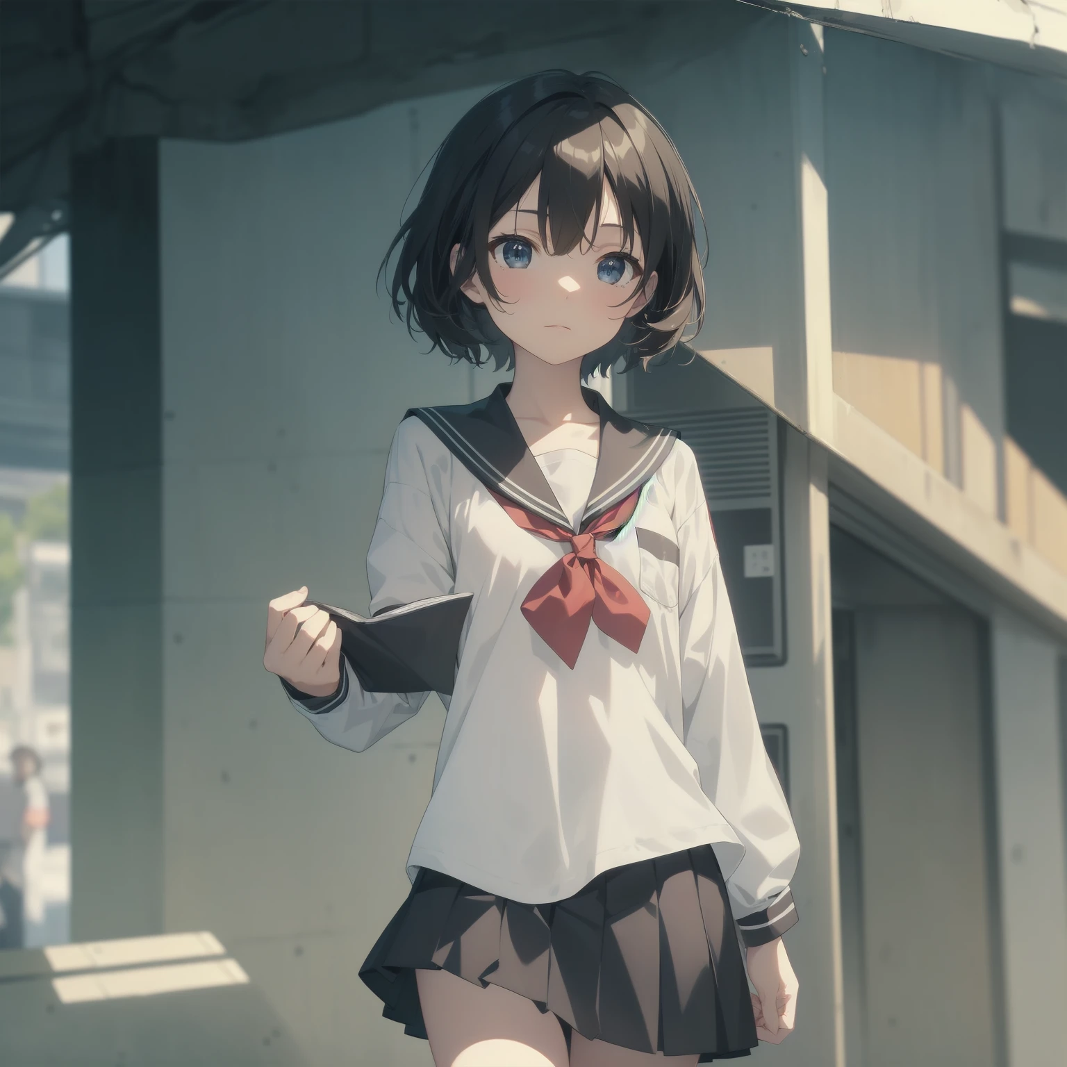 ultra-absurdres-Top quality by artist God, ultra-detailed, high resolution, anime moe artstyle, best anime 8k konachan wallpaper, pixiv contest winner, pool:2810, perfect anatomy,break, 1girl, (Please draw a girl walking sleepily to school alone. )break,(Solo,little female, 13-year-old:1.3),Full limbs, complete fingers,a junior high school student, (very short hair), short cut, flat chest, , small butt, small black eyes, beautiful detailed eyes, well-proportioned iris and pupils, expressive eyes, highres detailed hair, soft expression, salor school_uniform, sailor collar, serahuku, bow, pleated skirt,(Detailed Lighting), (Detailed background), in the School commute route. break,super detailed skin, Best cinematic lighting powered by famous artist, 8k,beauty illustration,photoshop_(medium),very aesthetic,break,((artist:kotorai )), artist:clamp ,artist:carnelian ,artist:kantoku ,