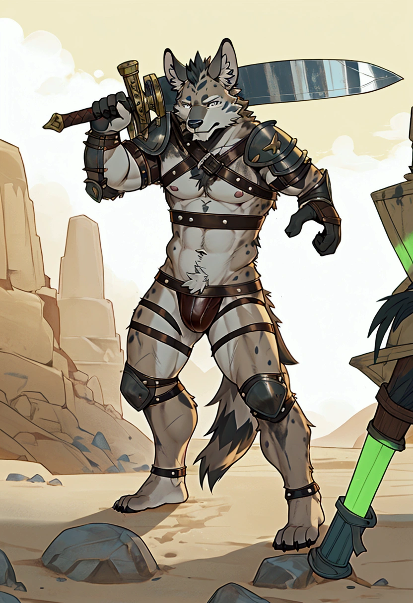 Solo Sexy young anthro furry hyena male mercenary medieval solider, slim endomorph muscular, anthro handsome gay shorter muzzle, handsome gay model male apperance, sword scars, worn out leather skimpy armament, low on hips heavy leather belt, old very worn out skimpy dirty linen material jockstrap, old yellow dirty worn out stains on white sawn jockstrap, very visible "x" brown seam pattern on the jockstrap, studded skimpy armlets breastplate armor, skimpy breastplate, leather bondages, fingerless leather gloves, smelly unwashed furr, dirty body look, desert battlefield, standing in sexy fighting position, close view of full character