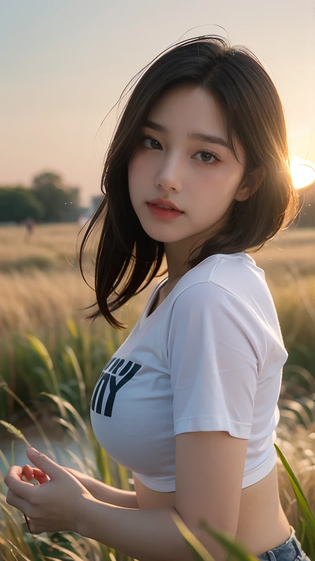 no, Ray tracing, Radio City, Anisotropic filtration, 16,000, best quality, 1 woman, alone, mature, beautiful young woman, ((Cropped T-shirt)) , Gradient long hair, (((grass field)))、laugh、sunset、((big breasts)) 、, realistic lighting, backlighting, light on face, ray trace, Sunset light filters through light particles, lens flare, Fine dust reflected in light