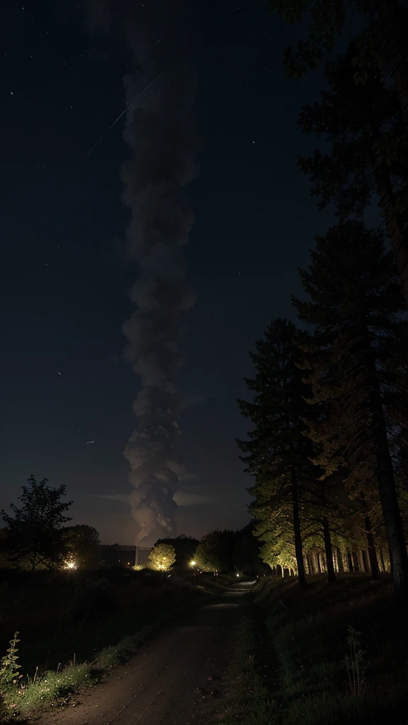 Au premier plan un champ la nuit , l'entree d'un chemin ver une foret, foret sinistre grande ,ciel couvert nuages , croissant de lune , source de lumiere