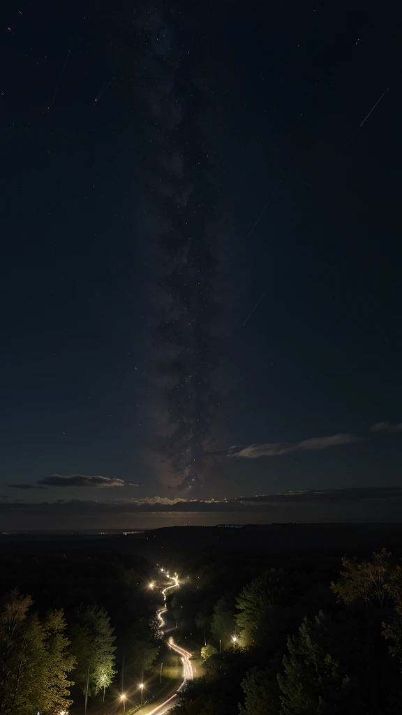 Au premier plan un champ la nuit , l'entree d'un chemin ver une foret, foret sinistre grande ,ciel couvert nuages , croissant de lune , source de lumiere