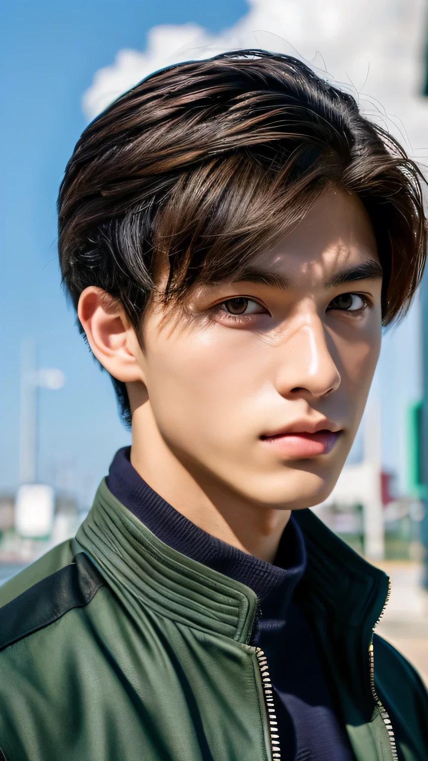 Highest quality, masterpiece, Ultra-high resolution, (Realistic: 1.4), Original photo, wallpaper, Head Photo, skin, Simple Background, Iris, detailed, Selfie, 1 boy, 18-year-old, good looking, Wind,Riders jacket