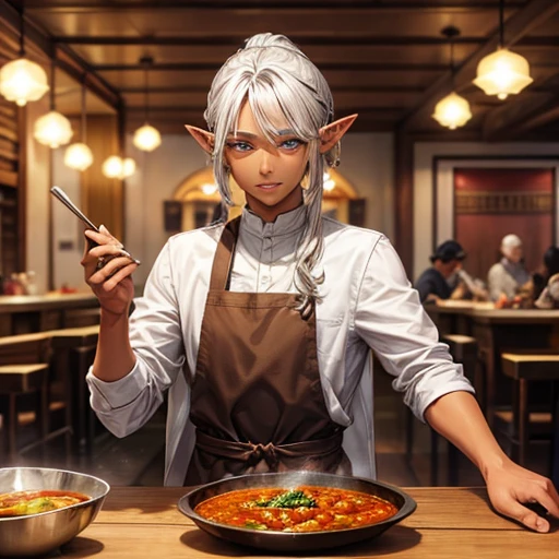 A silver-haired, brown-skinned elf who makes curry at a fantasy curry restaurant.