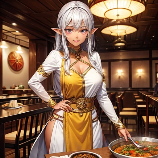 A silver-haired, brown-skinned elf who makes curry at a fantasy curry restaurant.