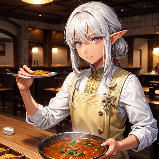 A silver-haired, brown-skinned elf who makes curry at a fantasy curry restaurant.