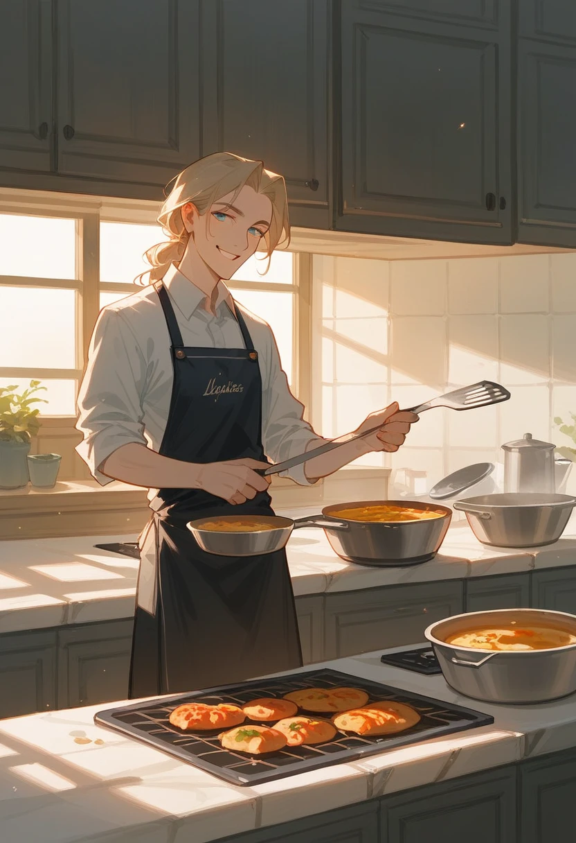 cover page, Cuisine Information Journal, highres, top quality, best quality, paid reward available, High-quality illustrations, unparalleled masterpiece, perfect artwork, absurdres(lovers, housekeeper girl, cooking, wolf husband)Newlyweds, kitchen, smile:0.2, perfect anatomy, cinematic lighting,