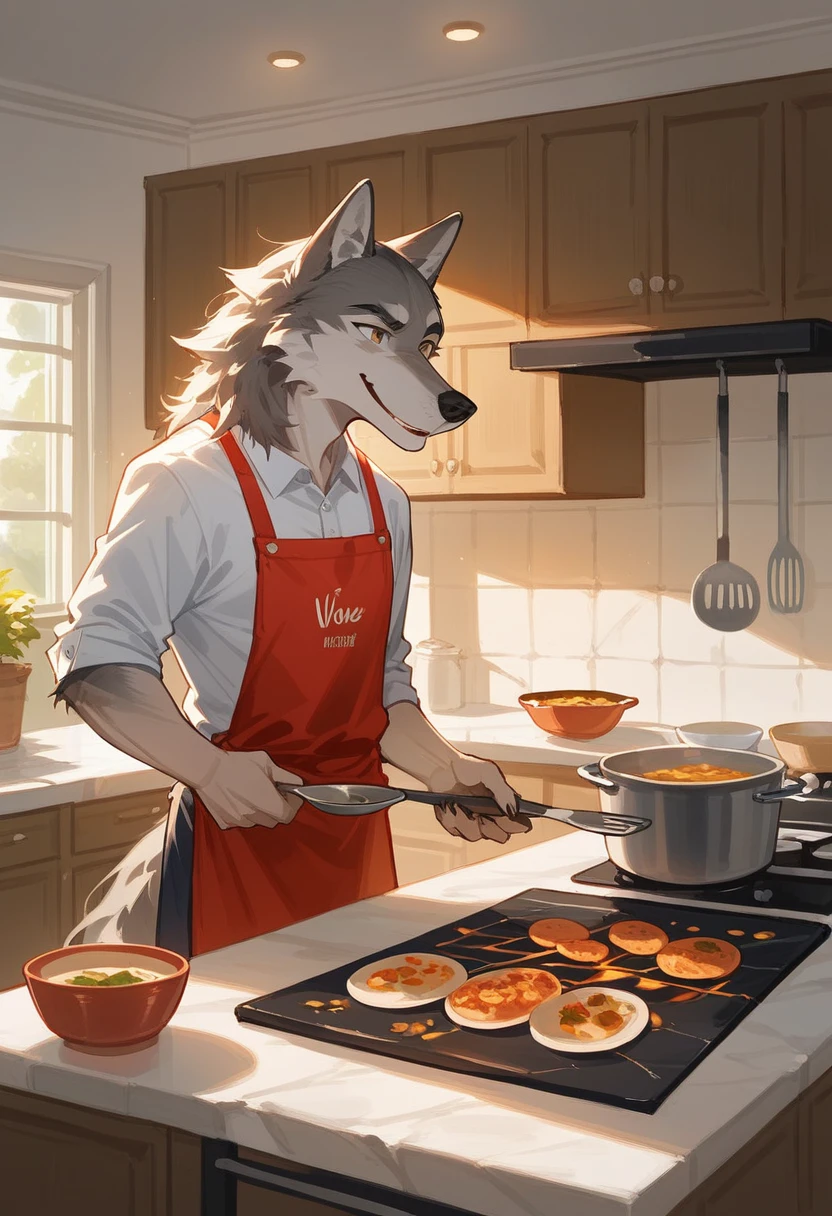 cover page, Cuisine Information Journal, highres, top quality, best quality, paid reward available, High-quality illustrations, unparalleled masterpiece, perfect artwork, absurdres(lovers, housekeeper girl, cooking, wolf husband)Newlyweds, kitchen, smile:0.2, perfect anatomy, cinematic lighting,