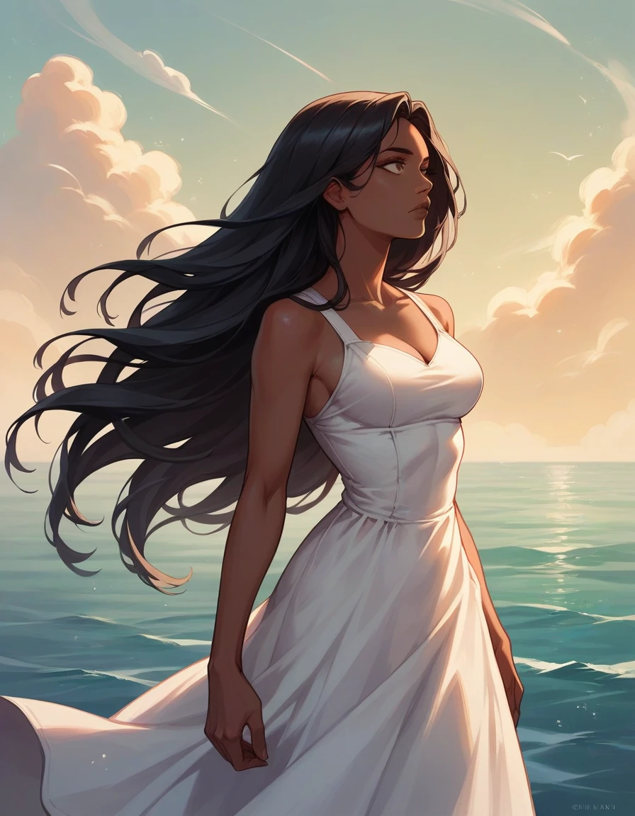 1girl, solo, long hair, black hair, dress, standing, outdoors, dark skin, water, white dress, dark-skinned female, lips, looking to the side, ocean