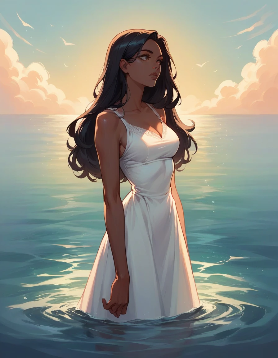 1girl, solo, long hair, black hair, dress, standing, outdoors, dark skin, water, white dress, dark-skinned female, lips, looking to the side, ocean