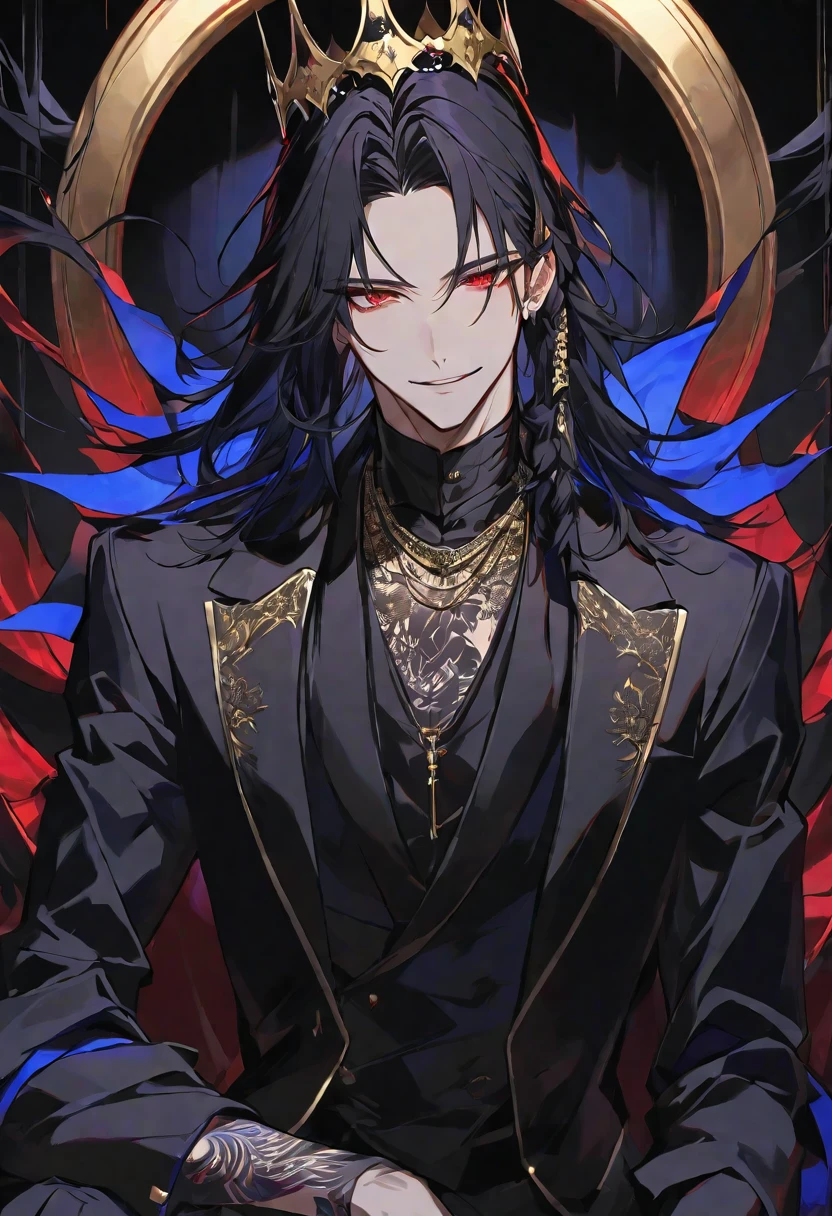 alone,good looking,
1. male,
bangs,Straight hair,Bob Hair,
Black Hair,
Satoru Gojo ,noble,
Red eyes,A fearless smile is beautiful,Sexy,darkness,Gold Necklace,
Black suit ,King,crown,Slender,Blue Rose Tattoo,
Black Background ,High resolution, sit,Darkness,devil,Black light,iconSolo, Close-up windy hair, Side braids,