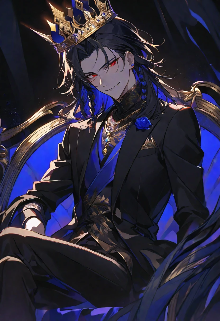 alone,good looking,
1. male,
bangs,Straight hair,Bob Hair,
Black Hair,
Satoru Gojo ,noble,
Red eyes,A fearless smile is beautiful,Sexy,darkness,Gold Necklace,
Black suit ,King,crown,Slender,Blue Rose Tattoo,
Black Background ,High resolution, sit,Darkness,devil,Black light,iconSolo, Close-up windy hair, Side braids,