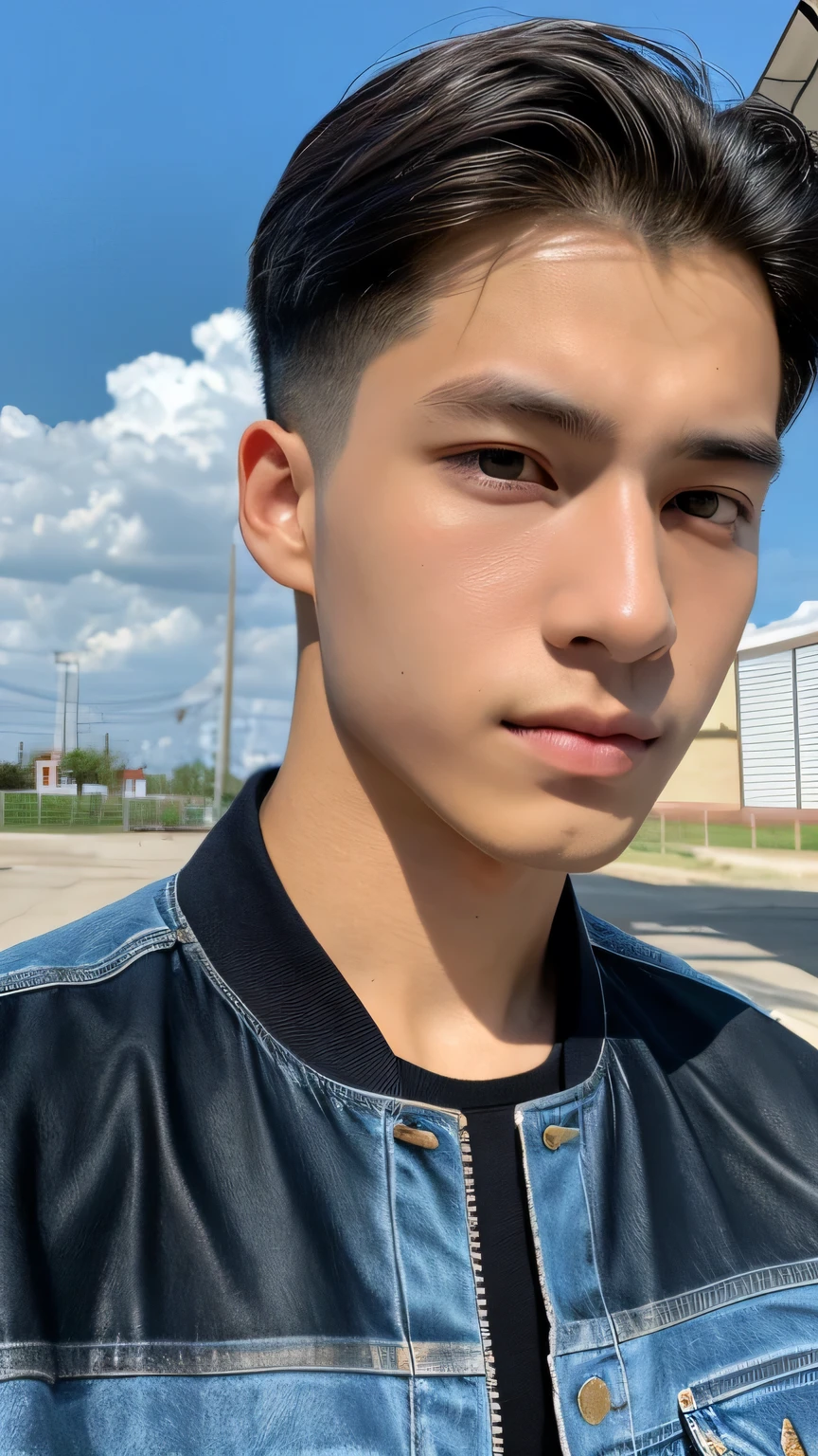 Highest quality, masterpiece, Ultra-high resolution, (Realistic: 1.4), Original photo, wallpaper, Head Photo, skin, Simple Background, Iris, detailed, Selfie, 1 boy, 18-year-old, good looking, Wind,Riders jacket