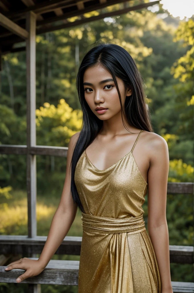 1girl in, 19, Solo, Aesthetic artwork, a beautiful Thai model, straight black hair, shoulder length hair, dark brown eyes, tan skin, thin face, beautiful face, runners body, (textured skin, skin pores:1.1), wearing a beautiful traditional Thai dress, goosebumps, seductive pose, a beautiful Mae Hong Son mountain in the backgroud, sunny, natural light, Nikon Z8 + NIKKOR Z 24-120 mm f/4 S